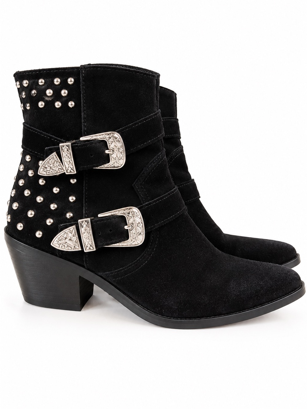 Black Suede Studded Western Buckle Ankle Boots 39 Made in Italy